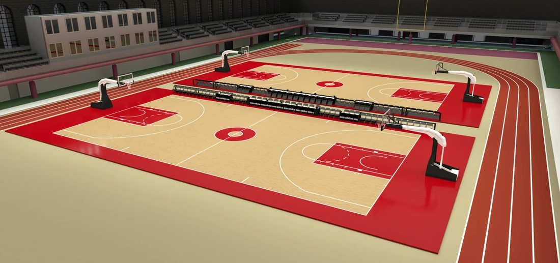 Basketball courts on indoor track on football field. The track modular surface could be double sided and have alturnative field/court markings on the other side.