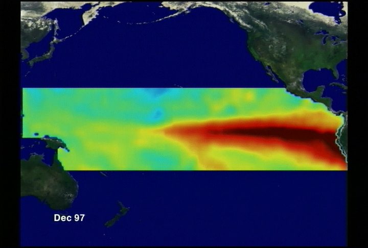 El Niño sea surface temperature anomaly in the Pacific Ocean for December, 1997.